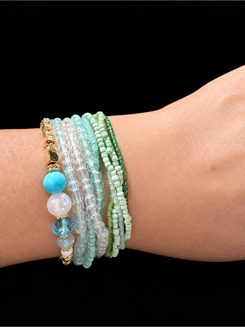 Stretch Bracelet Set in Blues Greens and Clear